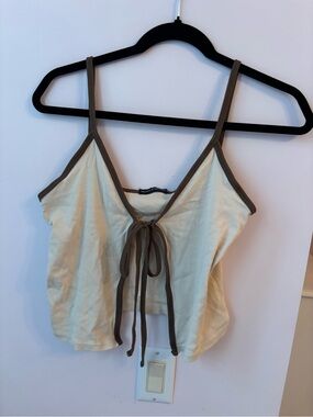 Brandy Melville Cream Cropped Tie-Front Cami with Brown Trim